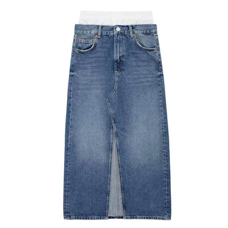 Denim Sommerrock lange Länge mit einem Schlitz auf der Vorderseite und in blau gefärbt