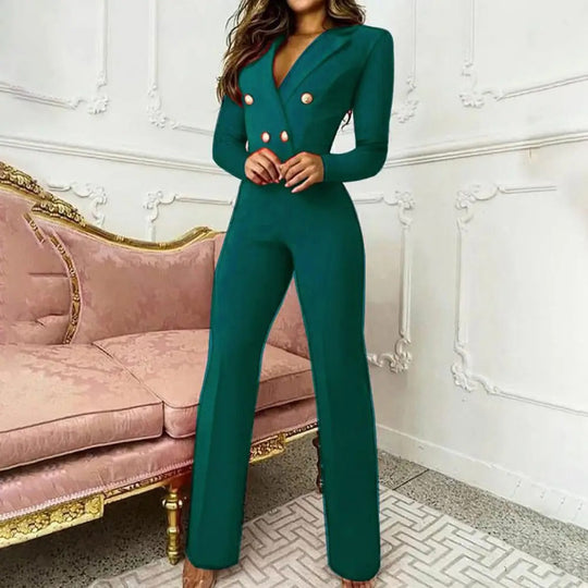 Stylischer Party Slim Fit Jumpsuit mit Business V Ausschnitt und Metallknöpfen