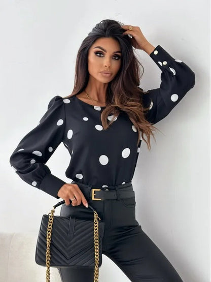 Weiße Damenbluse mit Polka-Dot-Print und Rundhalsausschnitt