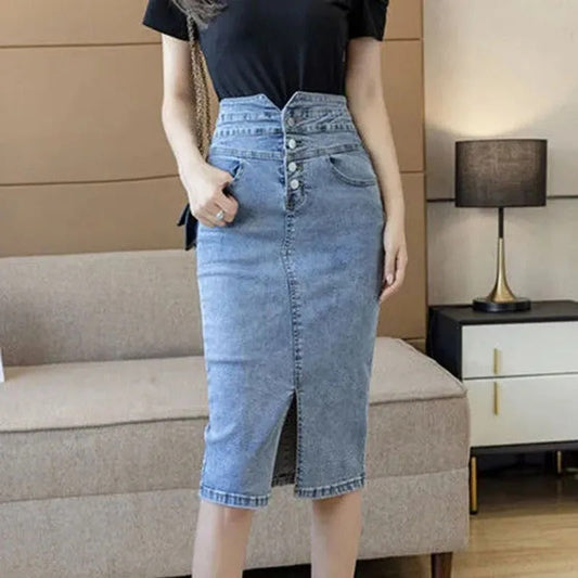 Langer Jeansrock mit hoher Taille im koreanischen Sommerstil