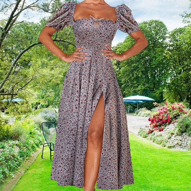 Damen – Maxikleid – Baumwolle Puffärmel Blumendruck – Sommer