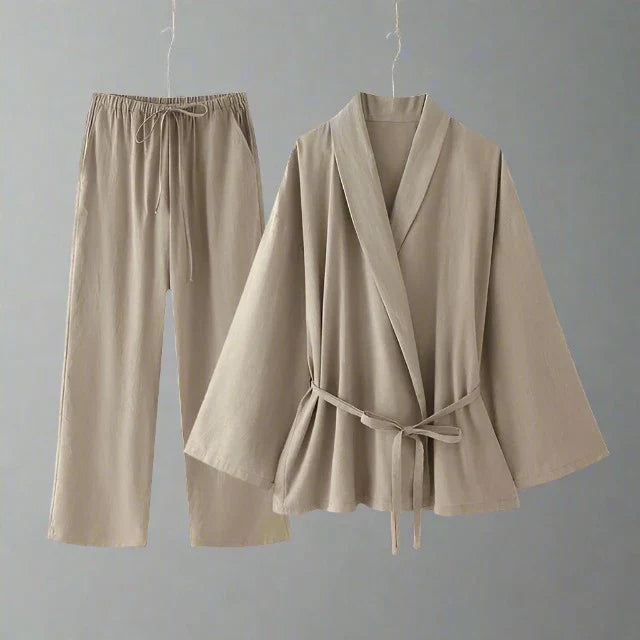 Damen- Outfitset- lockeres Kimono-Pyjamaset- Baumwolle- Sommer