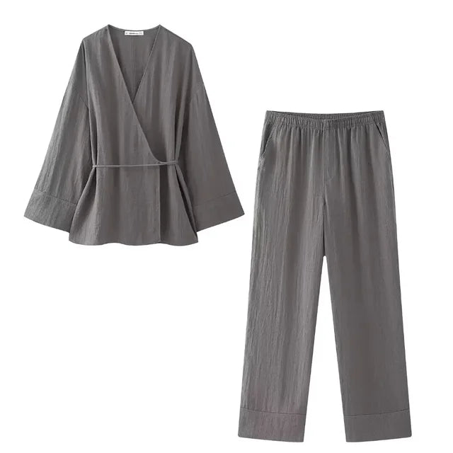 Damen- Outfitset- lockeres Kimono-Pyjamaset- Baumwolle- Sommer
