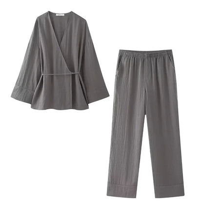 Damen- Outfitset- lockeres Kimono-Pyjamaset- Baumwolle- Sommer