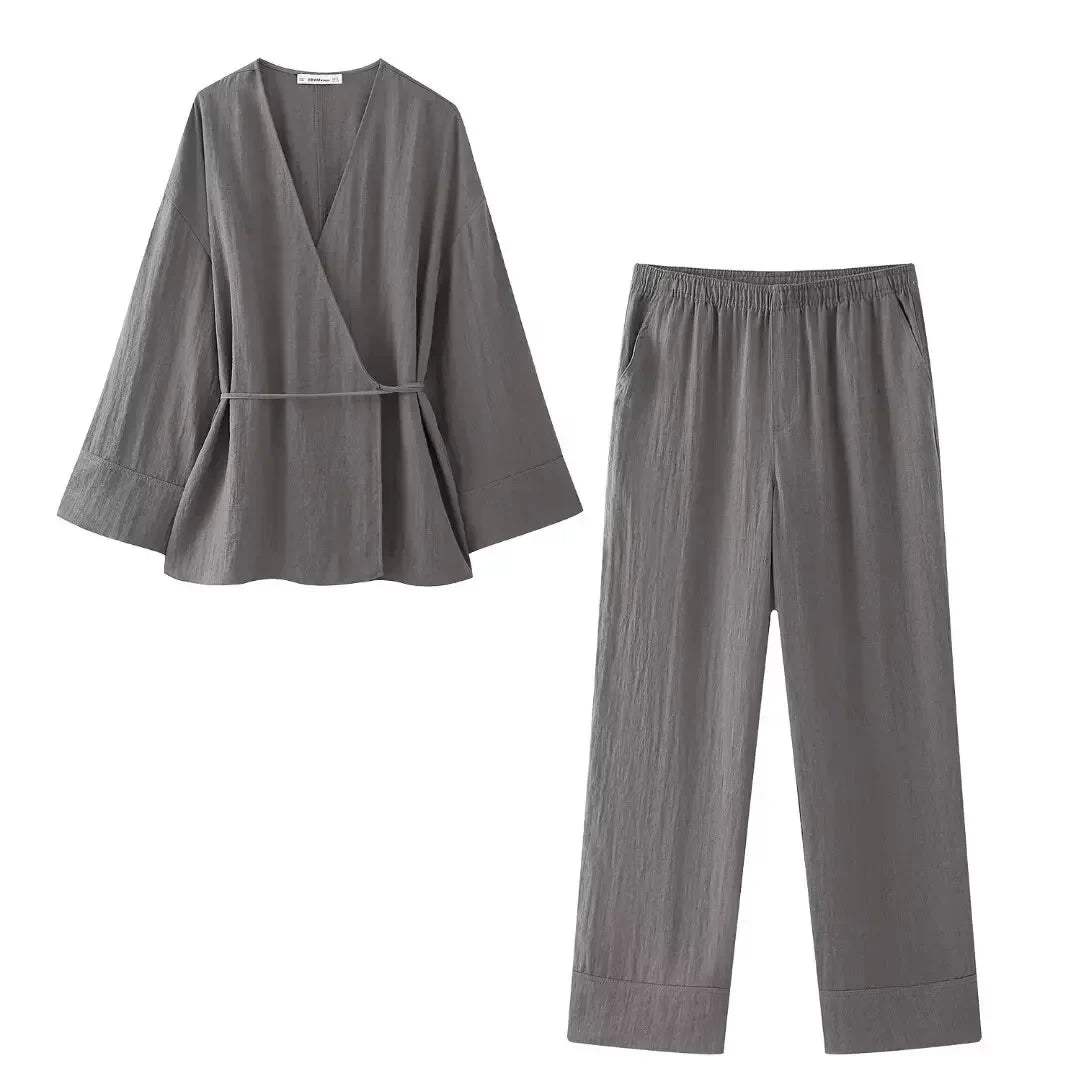 Damen- Outfitset- lockeres Kimono-Pyjamaset- Baumwolle- Sommer