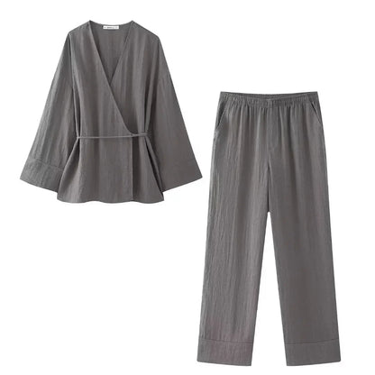 Damen- Outfitset- lockeres Kimono-Pyjamaset- Baumwolle- Sommer
