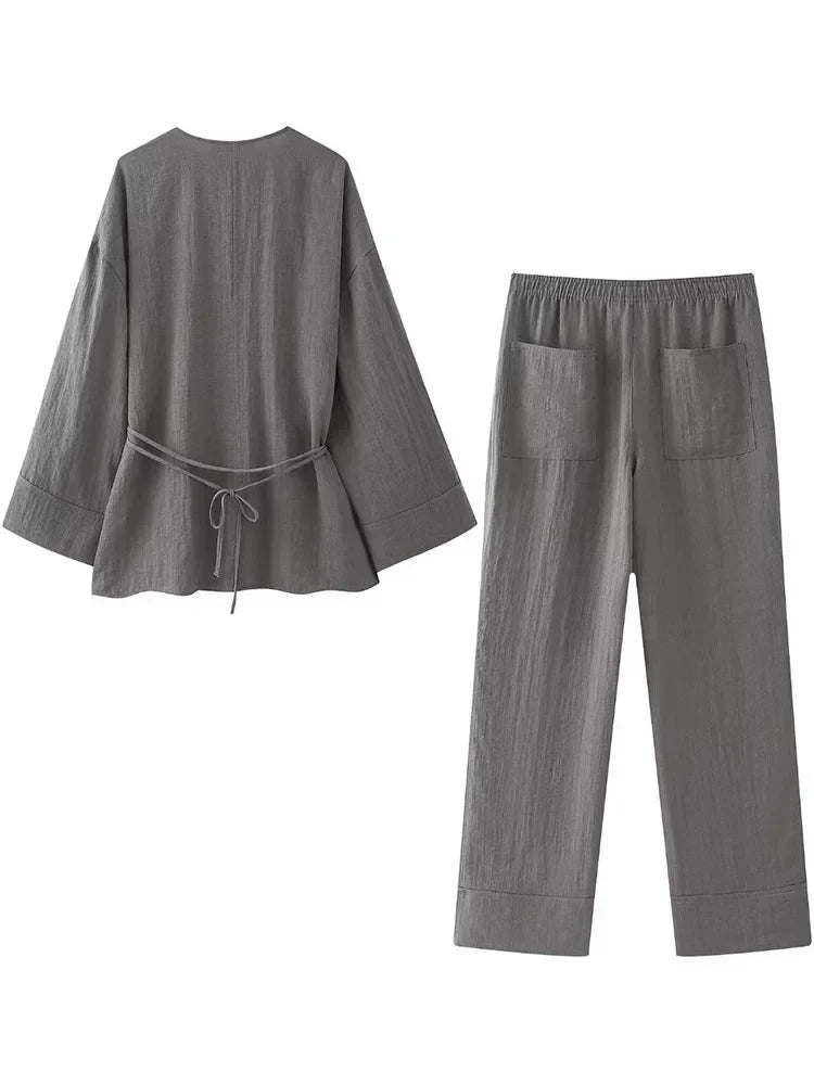 Damen- Outfitset- lockeres Kimono-Pyjamaset- Baumwolle- Sommer