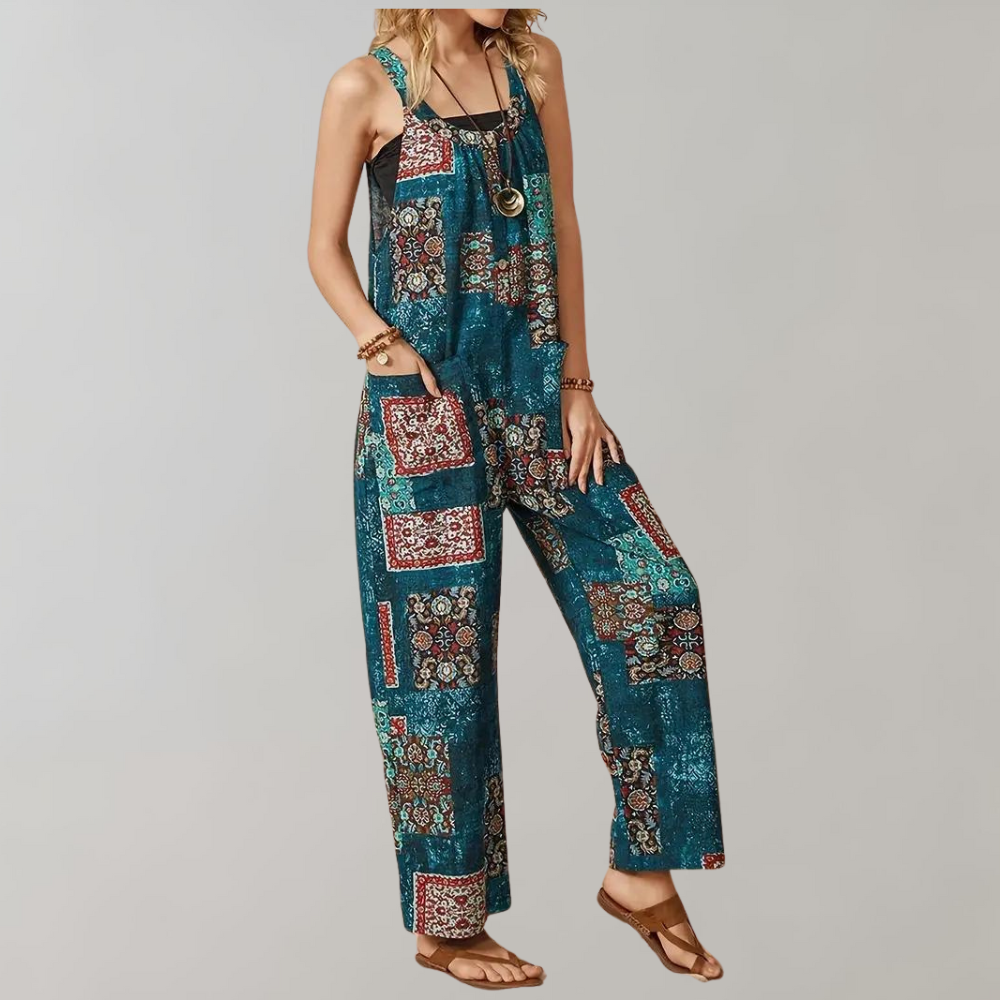 Bohème ärmelloser Jumpsuit mit U-Ausschnitt