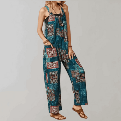 Bohème ärmelloser Jumpsuit mit U-Ausschnitt