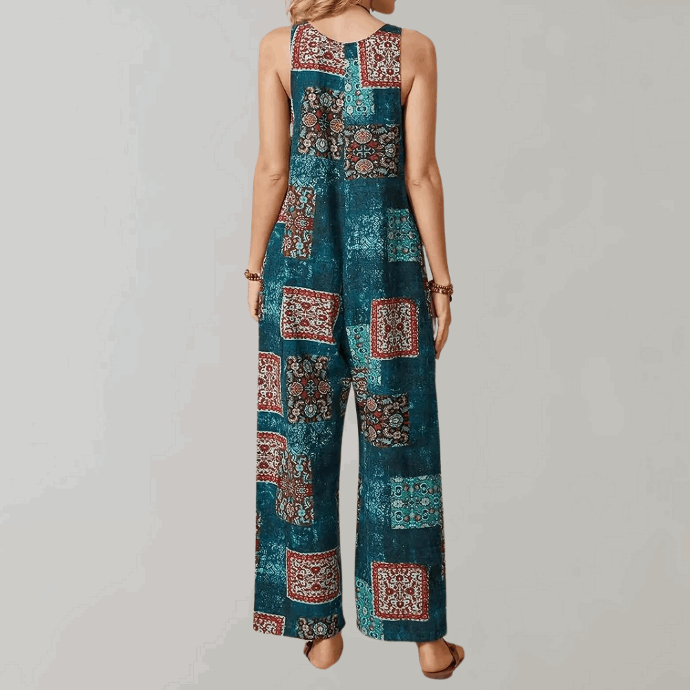 Bohème ärmelloser Jumpsuit mit U-Ausschnitt