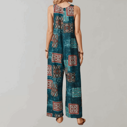 Bohème ärmelloser Jumpsuit mit U-Ausschnitt