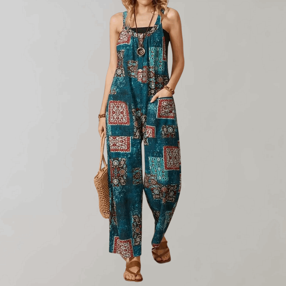 Bohème ärmelloser Jumpsuit mit U-Ausschnitt