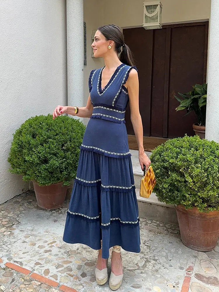 Damen- Kleid- ärmelloses Rüschendesign- Baumwolle- Sommer