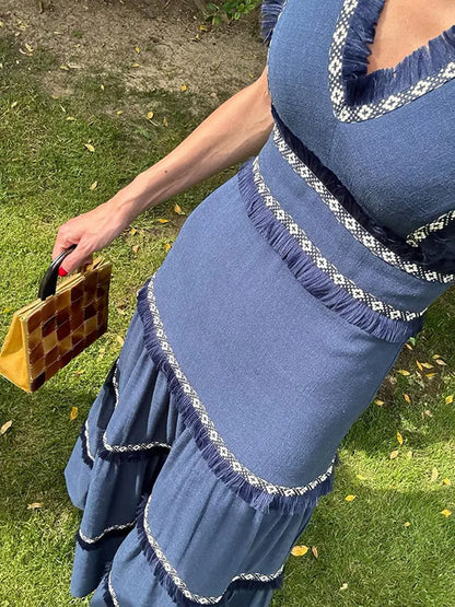 Damen- Kleid- ärmelloses Rüschendesign- Baumwolle- Sommer