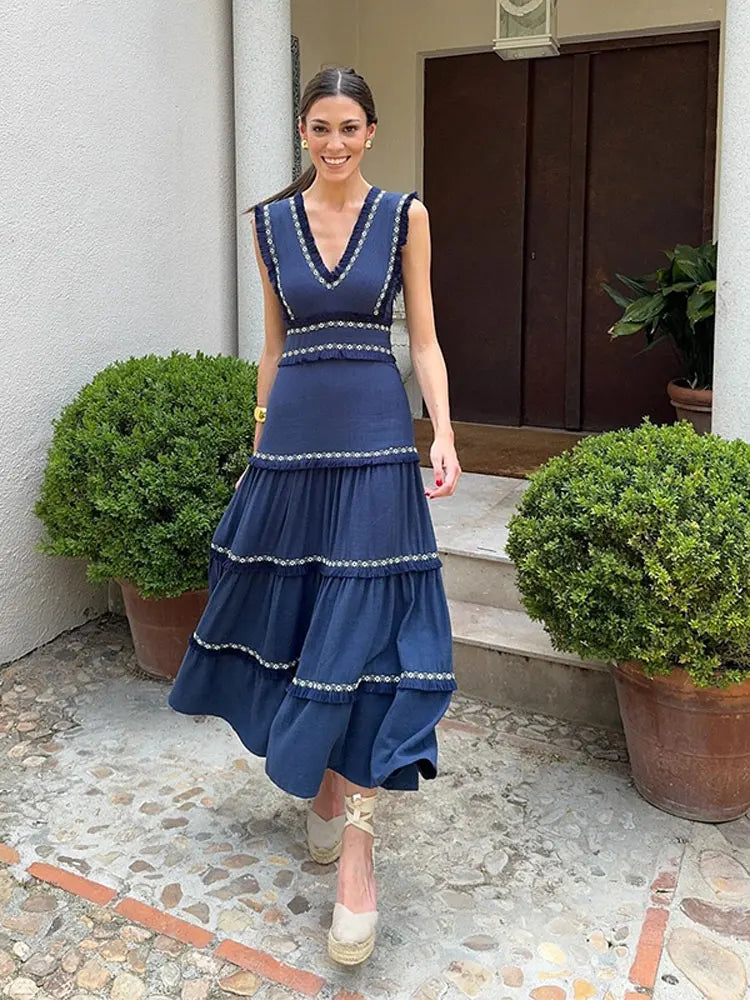 Damen- Kleid- ärmelloses Rüschendesign- Baumwolle- Sommer