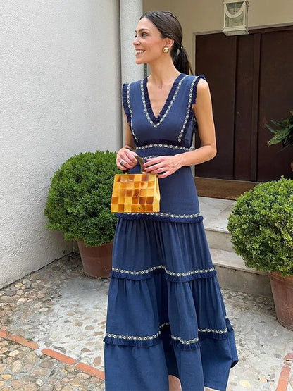 Damen- Kleid- ärmelloses Rüschendesign- Baumwolle- Sommer