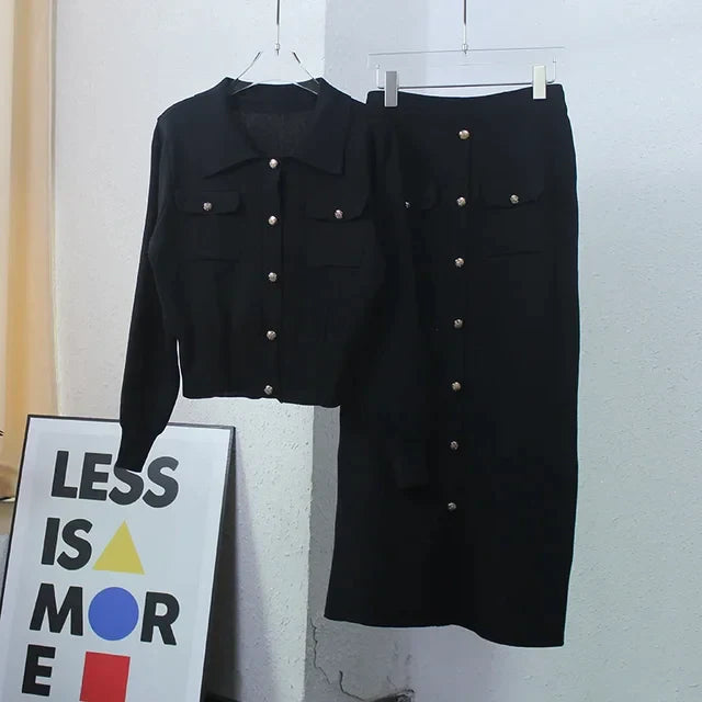 Langärmeliges Casual Style Strick-Set mit langem Rock