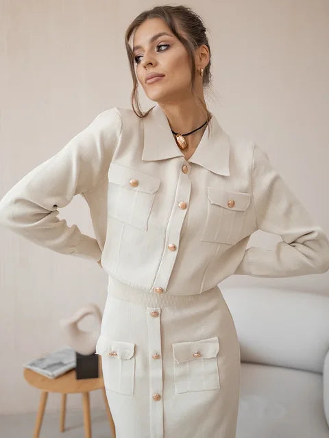 Langärmeliges Casual Style Strick-Set mit langem Rock