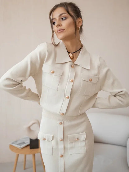 Langärmeliges Casual Style Strick-Set mit langem Rock