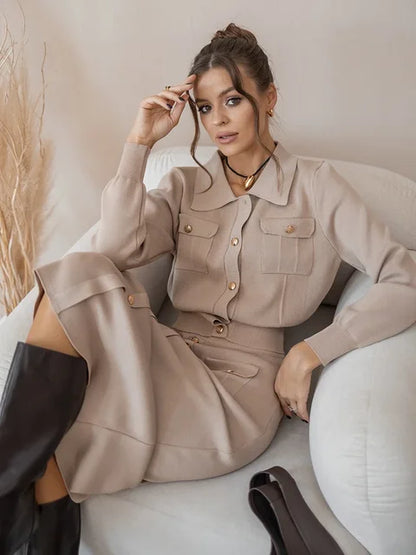 Langärmeliges Casual Style Strick-Set mit langem Rock