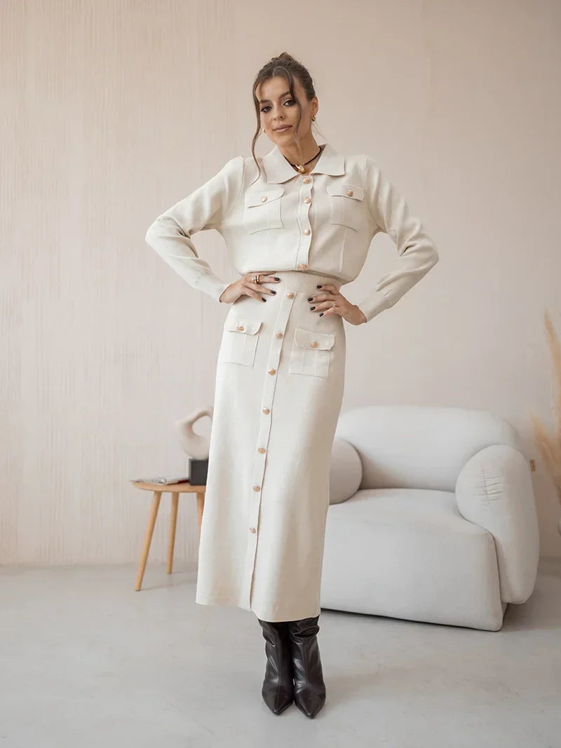 Langärmeliges Casual Style Strick-Set mit langem Rock
