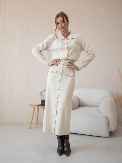 Langärmeliges Casual Style Strick-Set mit langem Rock
