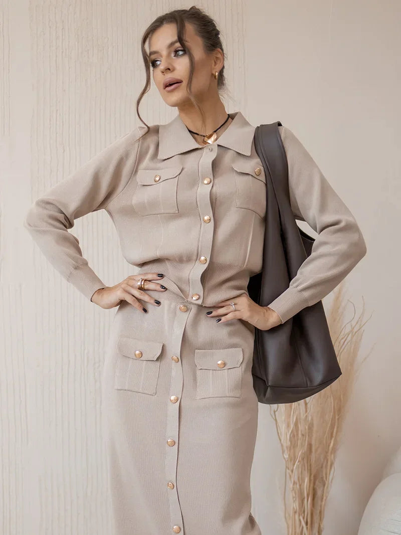 Langärmeliges Casual Style Strick-Set mit langem Rock