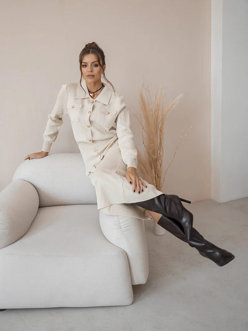 Langärmeliges Casual Style Strick-Set mit langem Rock
