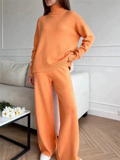 Damen - Trainingsanzug Set - Strickpullover mit Rollkragen - Jogginghose - Winter