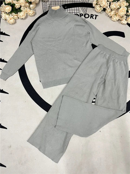 Damen - Trainingsanzug Set - Strickpullover mit Rollkragen - Jogginghose - Winter