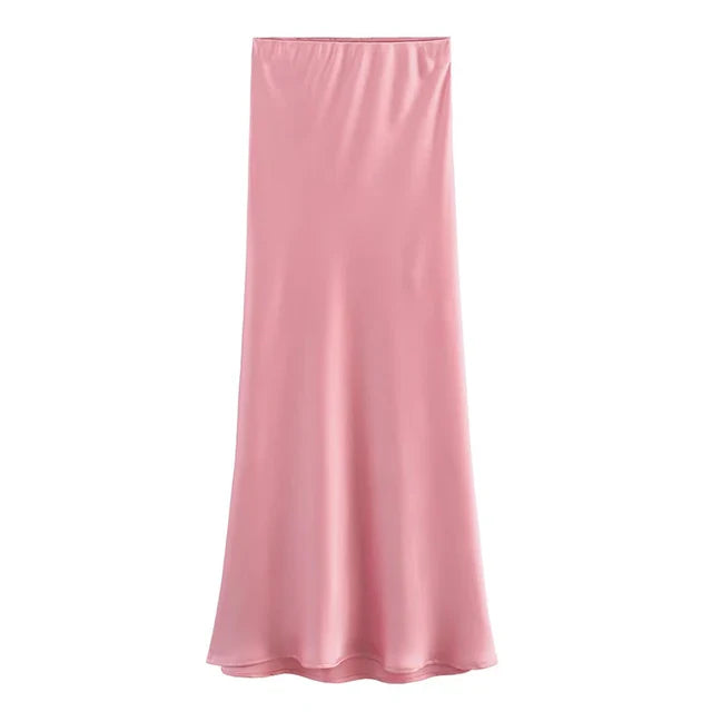 Damen- Rock- Satin- mittellang- Spitze- unten- Seide- Sommer