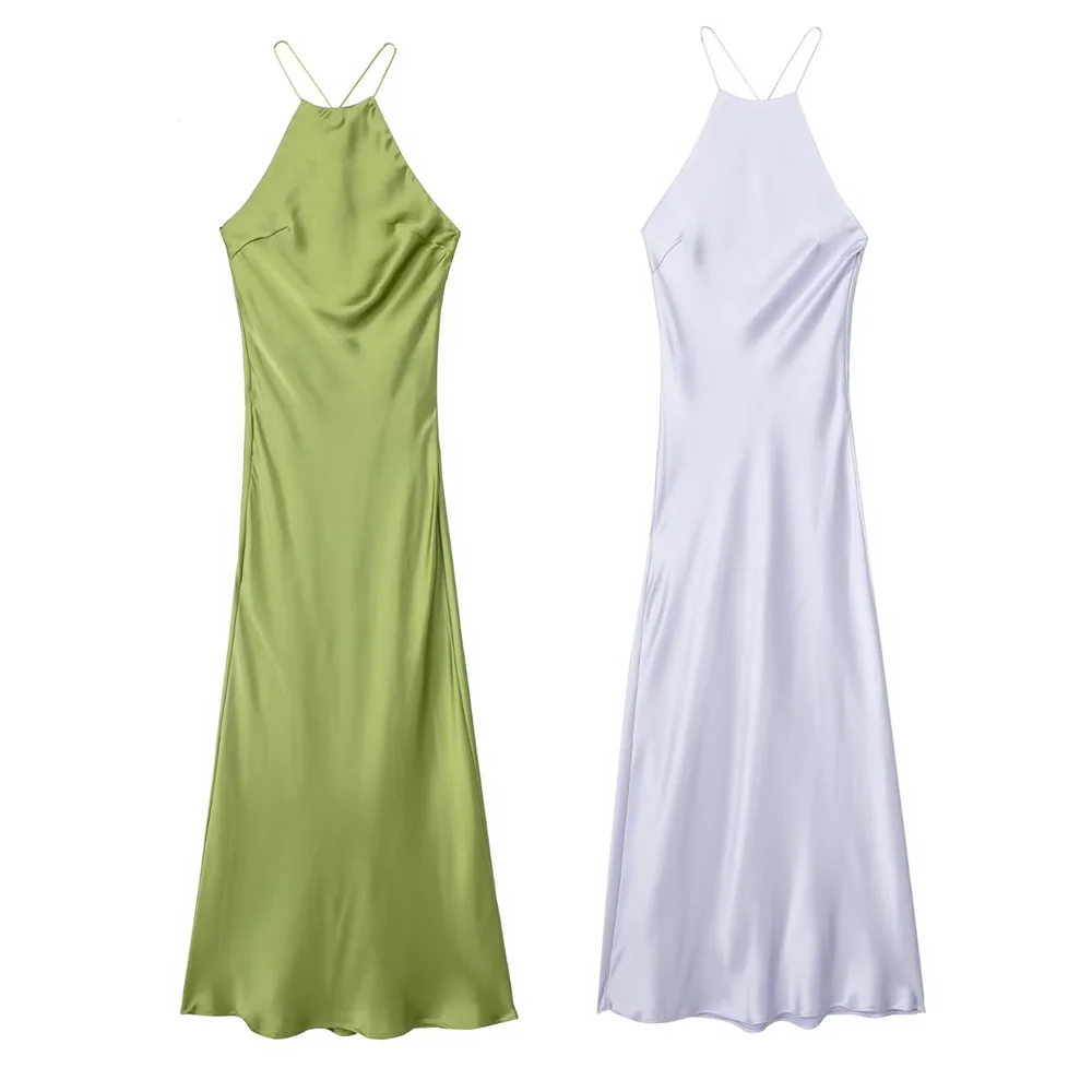 Damen – Maxikleid – Satin, ärmellos, offener Rücken, einfarbig – Sommer