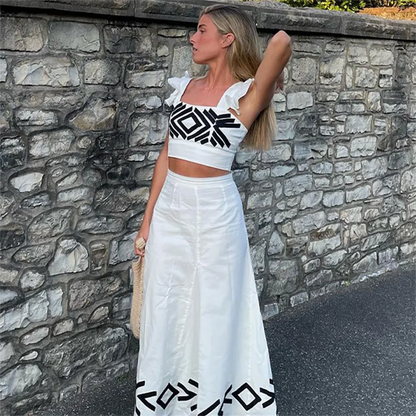 Damen - 2-teiliges Outfit - Baumwollmischung - Oberteil - Langer Rock - Sommer