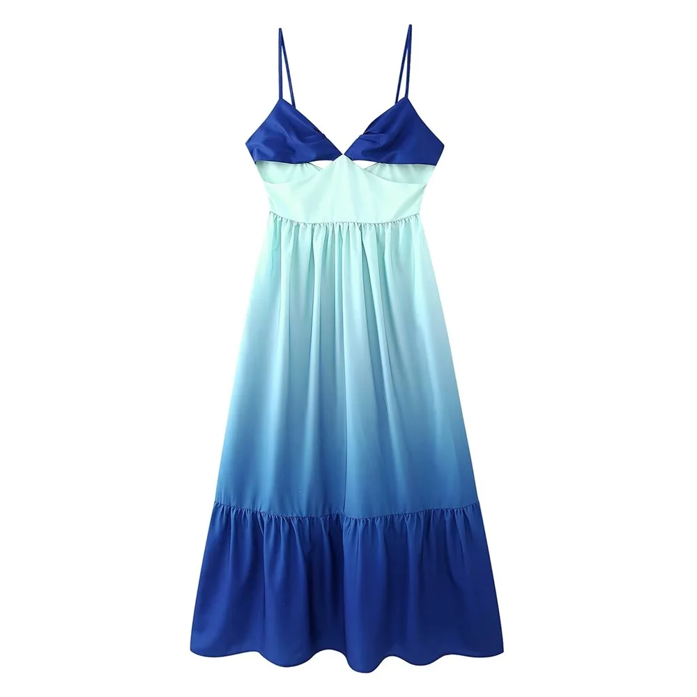 Damen- Kleid- Plissee- Farbverlauf- Baumwolle- Sommer