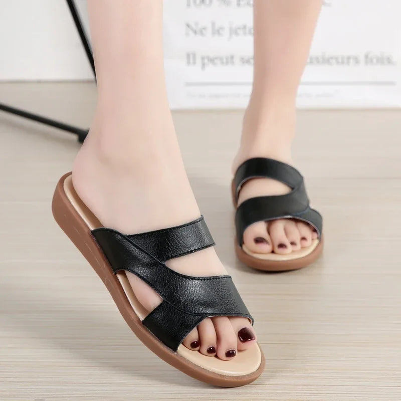 Damen-sandalen-open toe- thick wedge-flat-split leather-summer