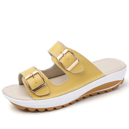 Damen-Sandalen-Zweiriemen-Offene Zehe-Flach-Spaltleder-Sommer