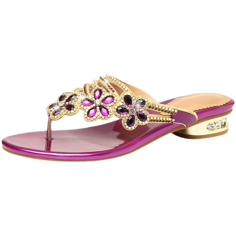 Damen-Sandalen-Blumen-Dekor-Strass-Flat-Echtleder-Sommer