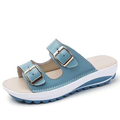 Damen-Sandalen-Zweiriemen-Offene Zehe-Flach-Spaltleder-Sommer