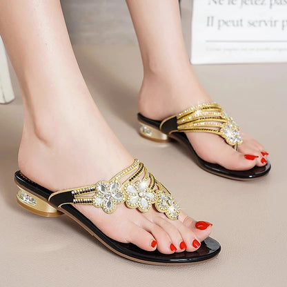 Damen-Sandalen-Blumen-Dekor-Strass-Flat-Echtleder-Sommer