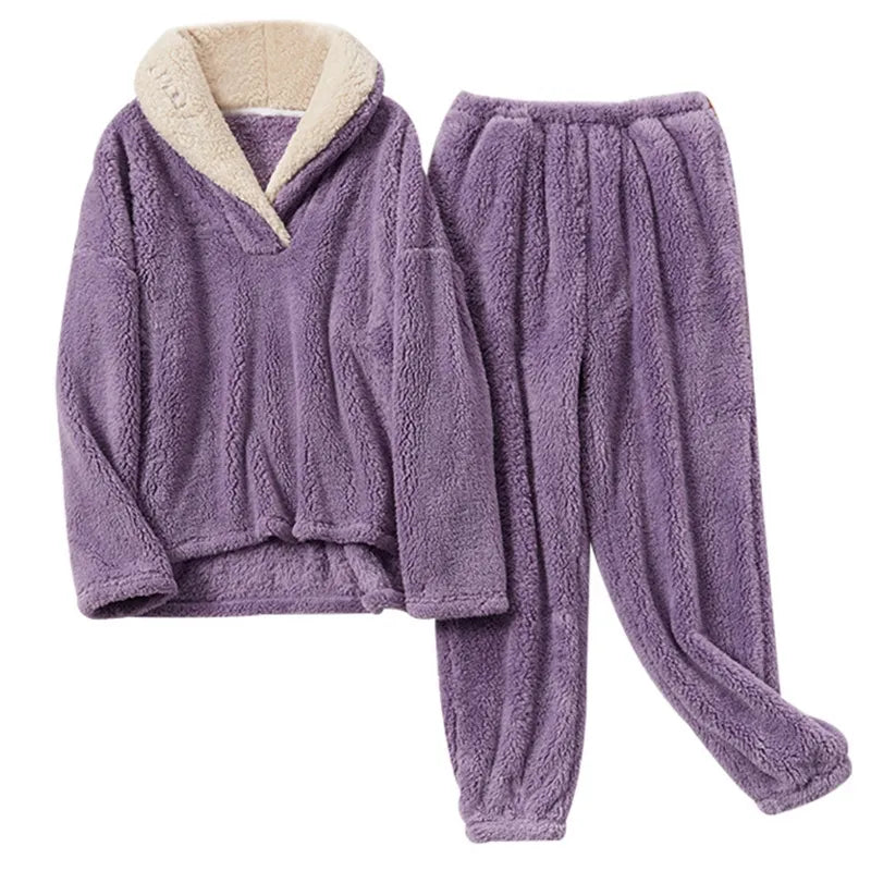 Damen - Pyjama Set - Flanell Fleece Plüsch - Bequeme Nachtwäsche - Herbst