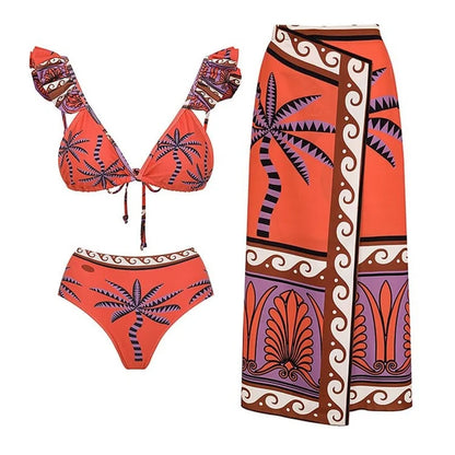 Damen - Push-Up Bikini mit hoher Taille - Retro Print Bademode - Sommer