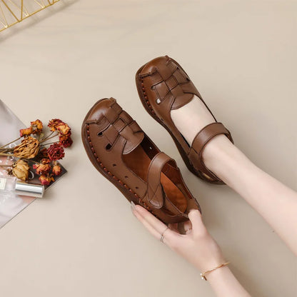 Damen - Sandalen - Flacher Keilabsatz - Gewebt - Echtes Leder - Sommer