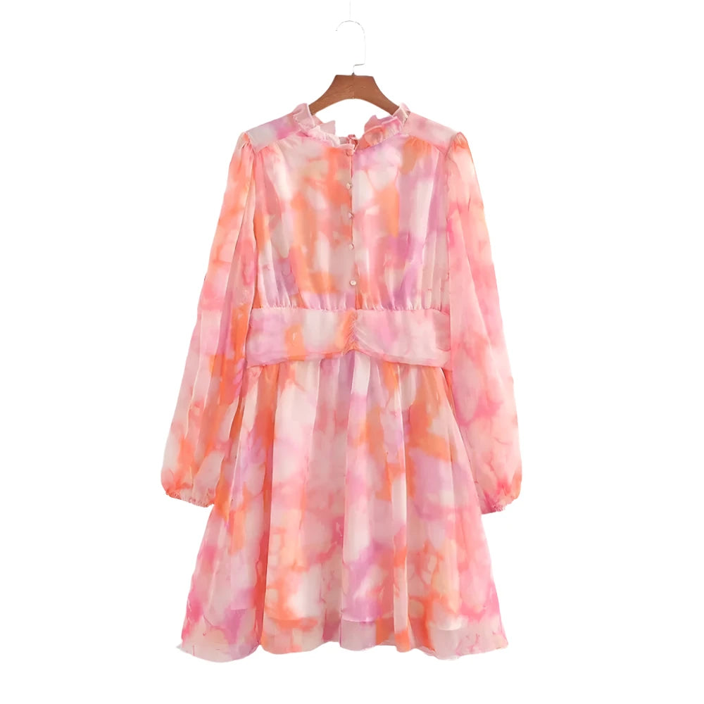 Damen - Langärmeliges Kleid - Slim Fit Chiffon - Tie-Dyed Print - Herbst