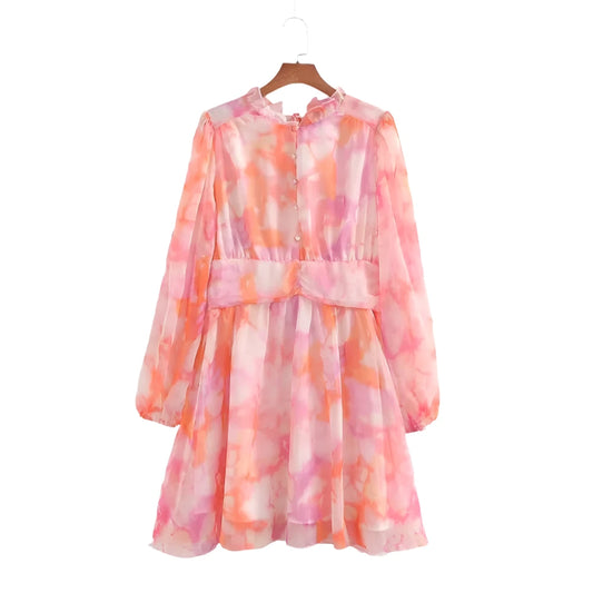 Damen - Langärmeliges Kleid - Slim Fit Chiffon - Tie-Dyed Print - Herbst