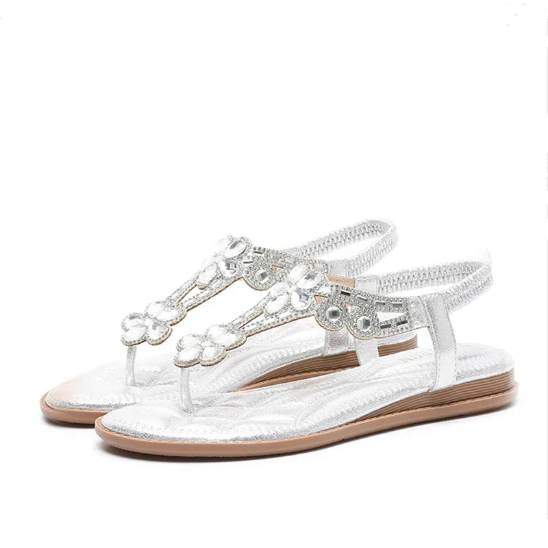 Damen-Sandalen-Rückenband-Strass-Flach-Gummi-Sommer