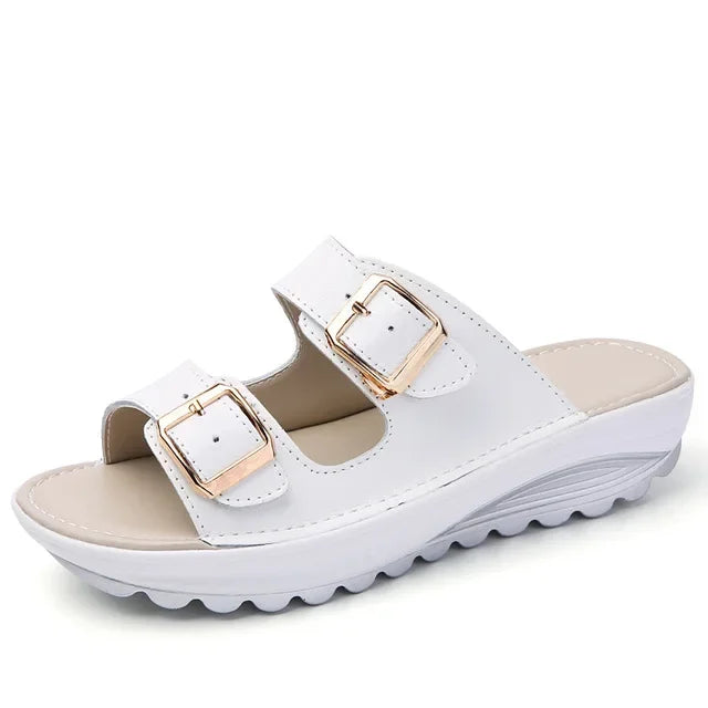 Damen-Sandalen-Zweiriemen-Offene Zehe-Flach-Spaltleder-Sommer