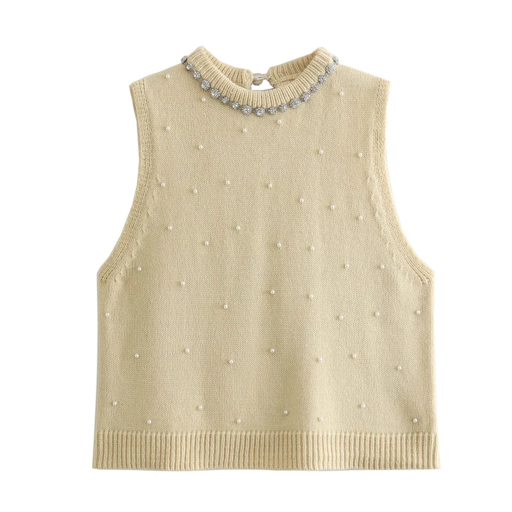 Damen - Gestricktes Top mit Perle und Schmuck - Casual - Sommer