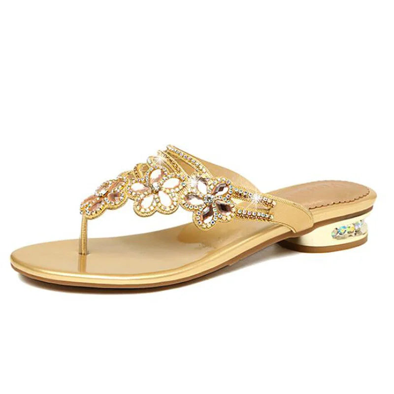 Damen-Sandalen-Blumen-Dekor-Strass-Flat-Echtleder-Sommer