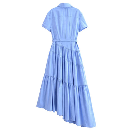 Damen - Midikleid - Polyester - Kurzarm - Gürtel - Kragen - Sommer