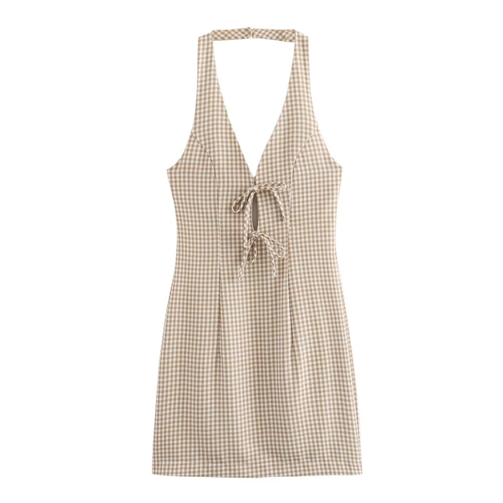 Damen-Kleid-Ärmellos-Plait-Petit-Schleife-Sommer